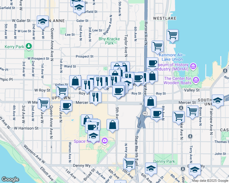 map of restaurants, bars, coffee shops, grocery stores, and more near 701 5th Avenue North in Seattle