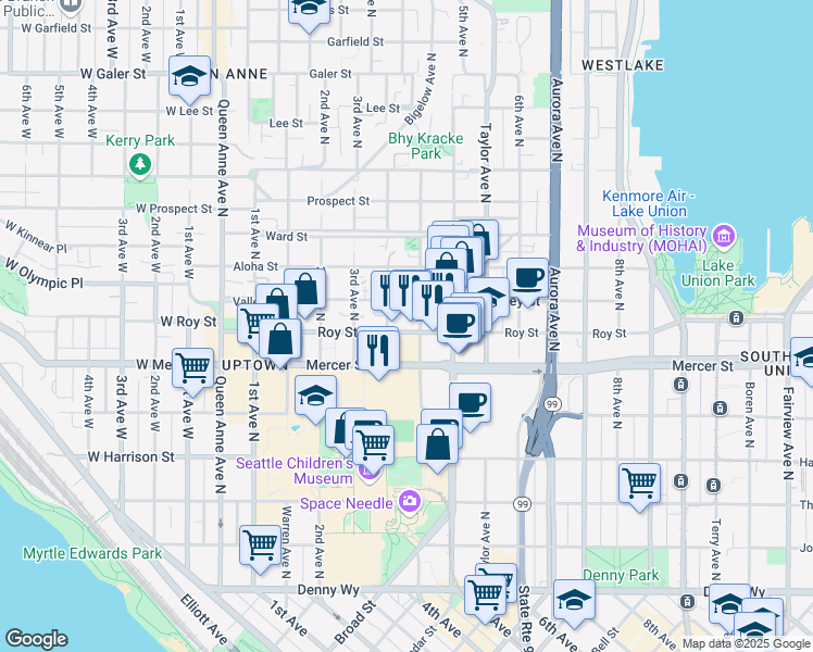 map of restaurants, bars, coffee shops, grocery stores, and more near 642 4th Avenue North in Seattle