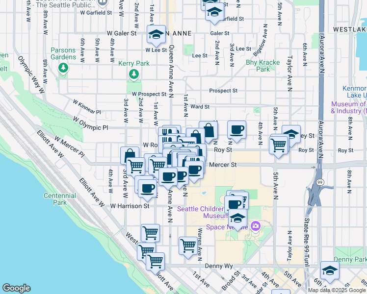map of restaurants, bars, coffee shops, grocery stores, and more near 606 1st Avenue North in Seattle