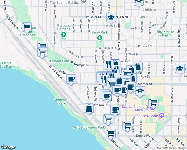 map of restaurants, bars, coffee shops, grocery stores, and more near 617 3rd Avenue West in Seattle