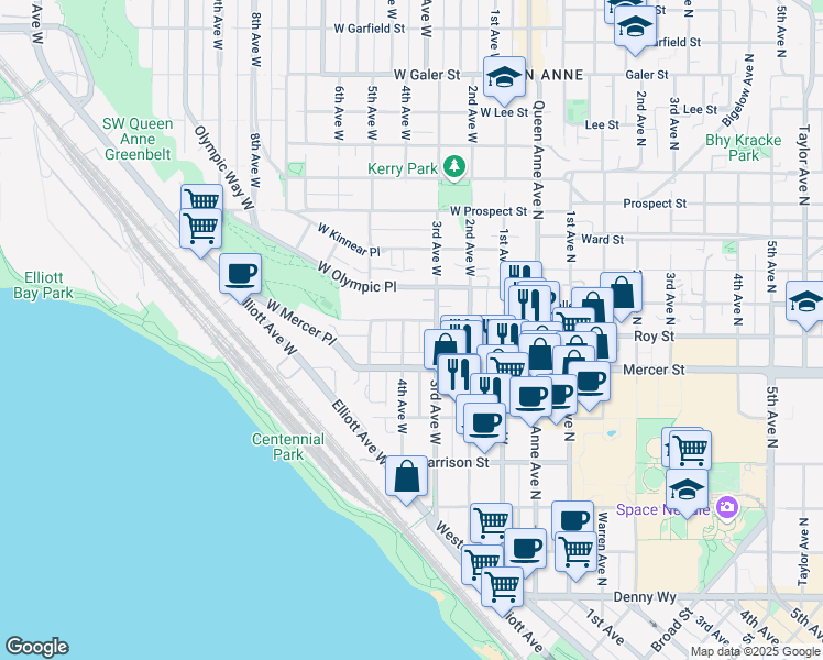 map of restaurants, bars, coffee shops, grocery stores, and more near 617 3rd Avenue West in Seattle