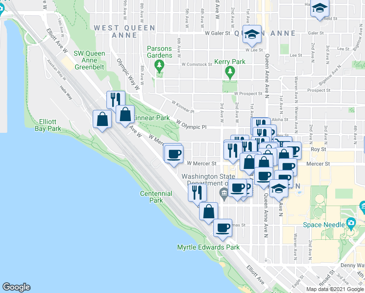 map of restaurants, bars, coffee shops, grocery stores, and more near in Seattle