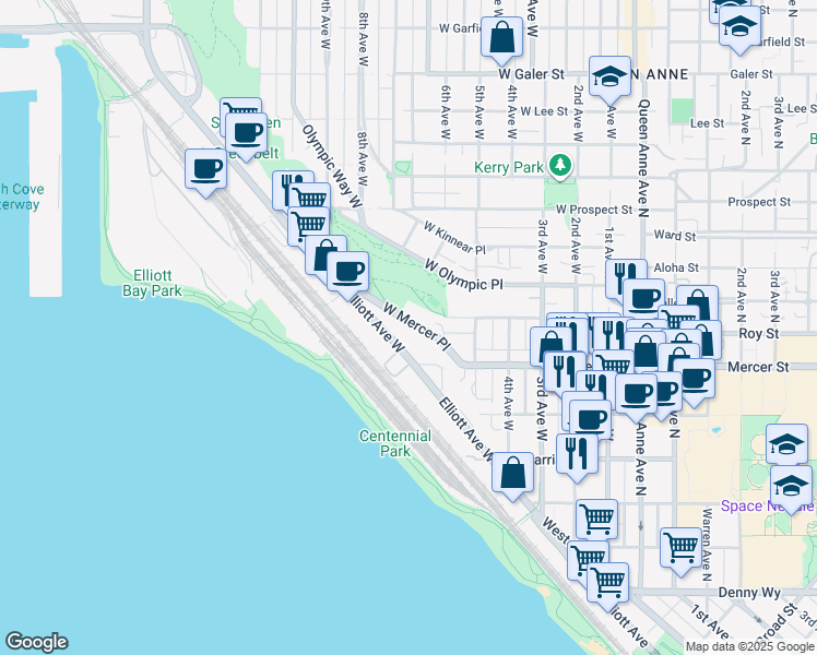 map of restaurants, bars, coffee shops, grocery stores, and more near 608 Elliott Avenue West in Seattle