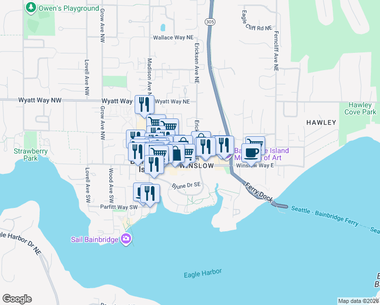 map of restaurants, bars, coffee shops, grocery stores, and more near 120 Ericksen Avenue Northeast in Bainbridge Island