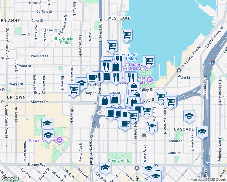 map of restaurants, bars, coffee shops, grocery stores, and more near 714 Mercer Street in Seattle