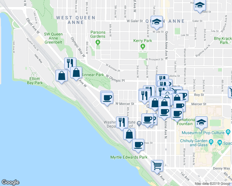map of restaurants, bars, coffee shops, grocery stores, and more near 505 West Roy Street in Seattle