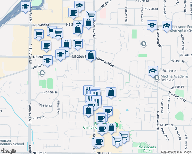 map of restaurants, bars, coffee shops, grocery stores, and more near 1730 156th Avenue Northeast in Bellevue