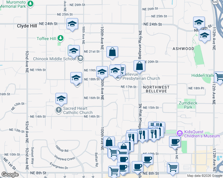map of restaurants, bars, coffee shops, grocery stores, and more near 10117 Northeast 16th Place in Bellevue