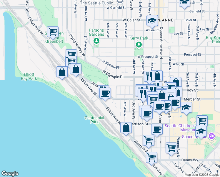 map of restaurants, bars, coffee shops, grocery stores, and more near 519 West Roy Street in Seattle