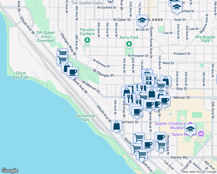map of restaurants, bars, coffee shops, grocery stores, and more near 421 West Roy Street in Seattle