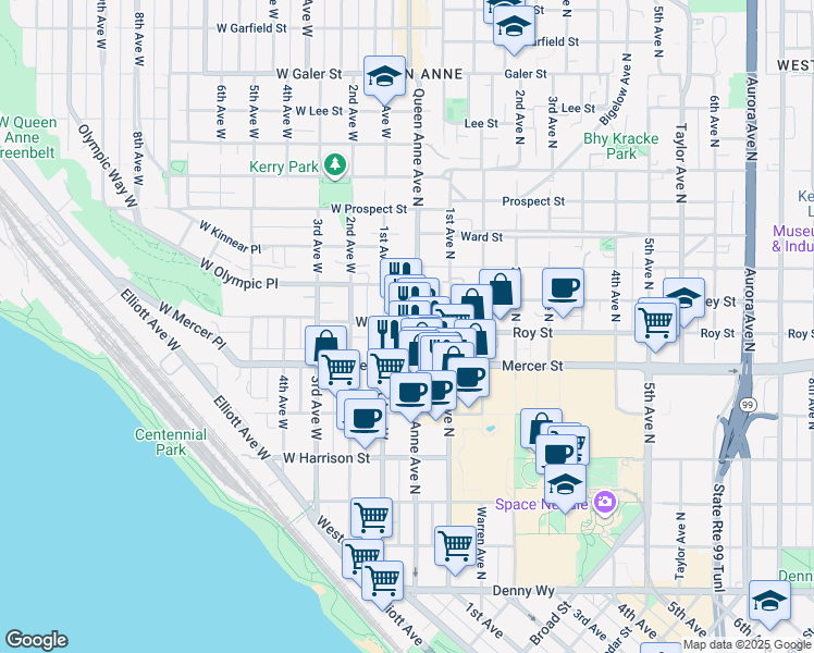 map of restaurants, bars, coffee shops, grocery stores, and more near 5 West Roy Street in Seattle