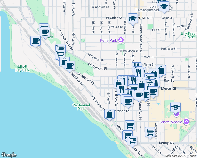 map of restaurants, bars, coffee shops, grocery stores, and more near 505 West Roy Street in Seattle
