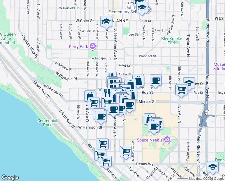 map of restaurants, bars, coffee shops, grocery stores, and more near in Seattle