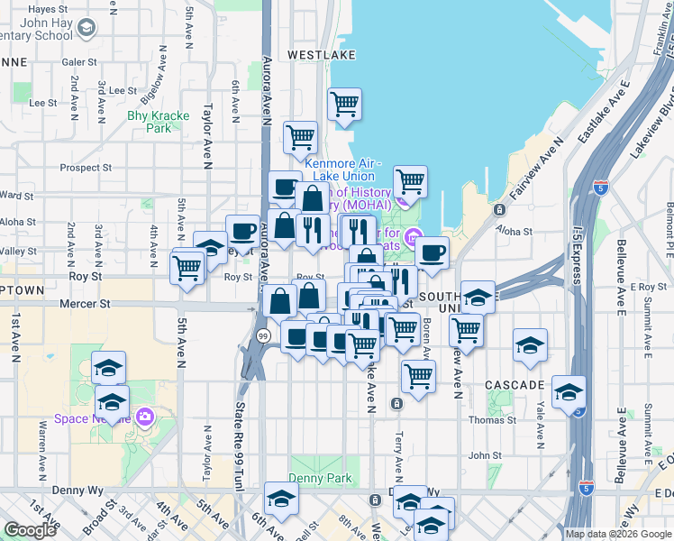 map of restaurants, bars, coffee shops, grocery stores, and more near 701 9th Avenue North in Seattle