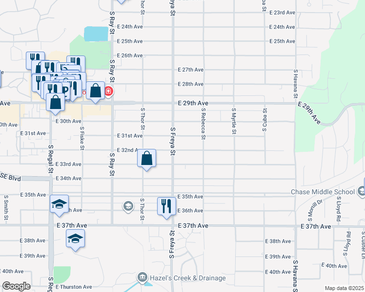 map of restaurants, bars, coffee shops, grocery stores, and more near 3618 East 32nd Avenue in Spokane