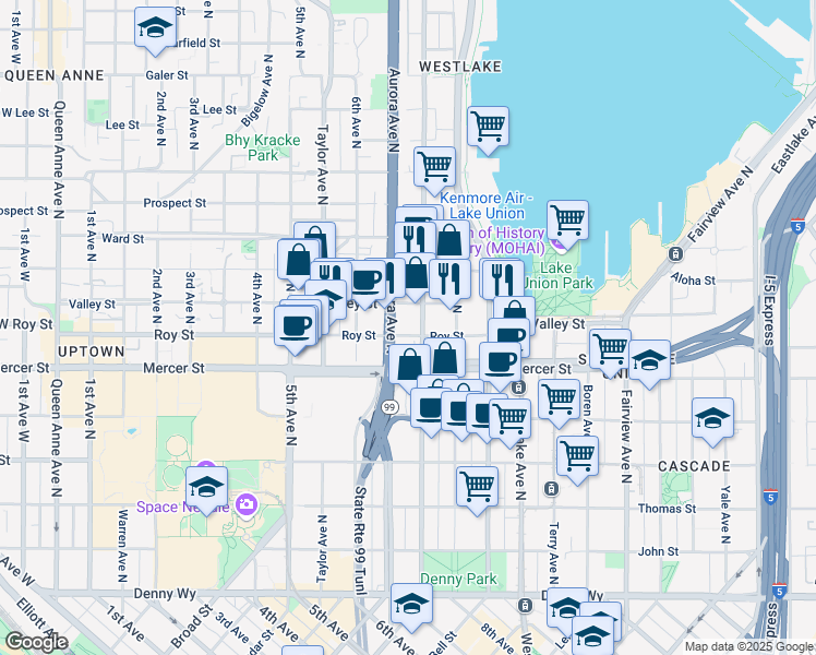map of restaurants, bars, coffee shops, grocery stores, and more near 615 Dexter Avenue North in Seattle