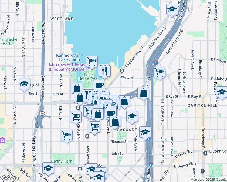 map of restaurants, bars, coffee shops, grocery stores, and more near 700 Fairview Avenue North in Seattle