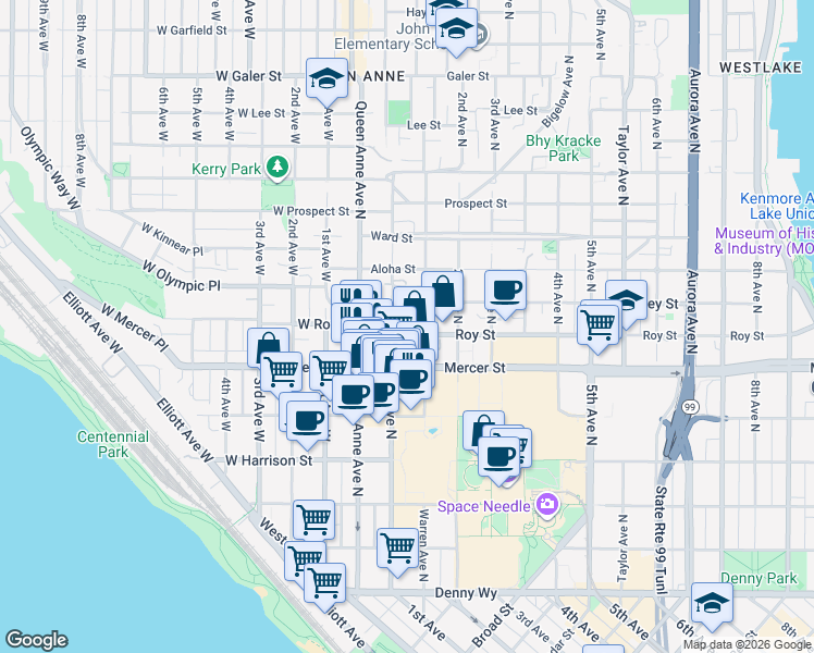 map of restaurants, bars, coffee shops, grocery stores, and more near 110 Roy Street in Seattle