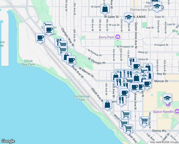 map of restaurants, bars, coffee shops, grocery stores, and more near 608 Elliott Avenue West in Seattle