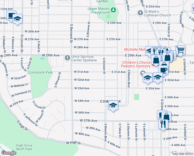 map of restaurants, bars, coffee shops, grocery stores, and more near 30 West 32nd Avenue in Spokane