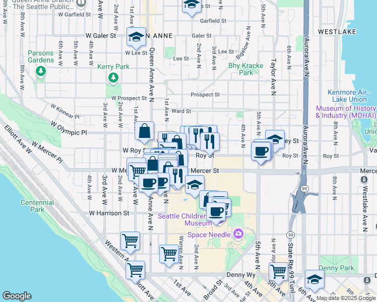 map of restaurants, bars, coffee shops, grocery stores, and more near 168 Mercer Street in Seattle