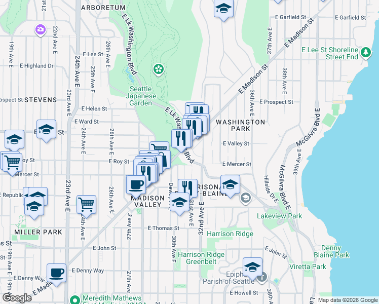 map of restaurants, bars, coffee shops, grocery stores, and more near 636 Lake Washington Boulevard East in Seattle