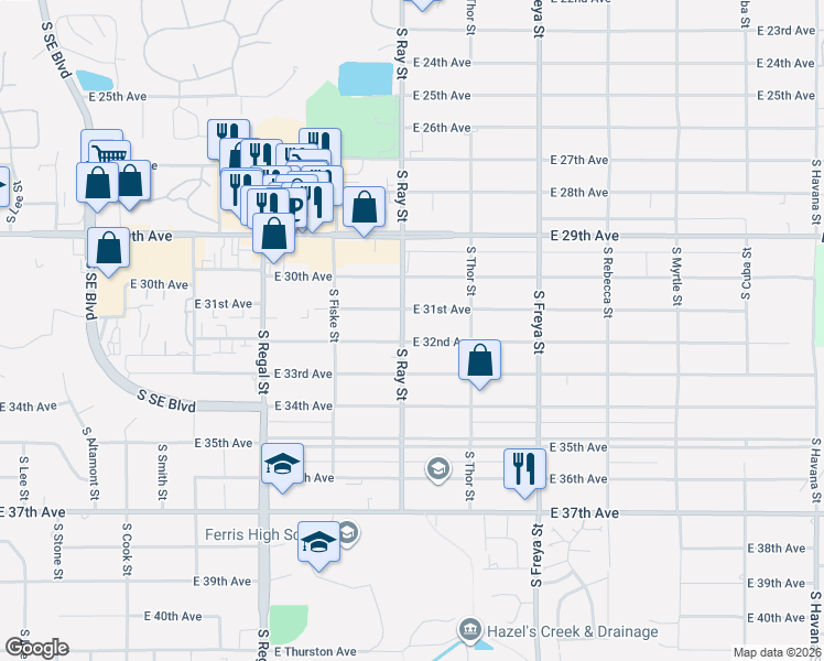 map of restaurants, bars, coffee shops, grocery stores, and more near 3202 East 32nd Avenue in Spokane