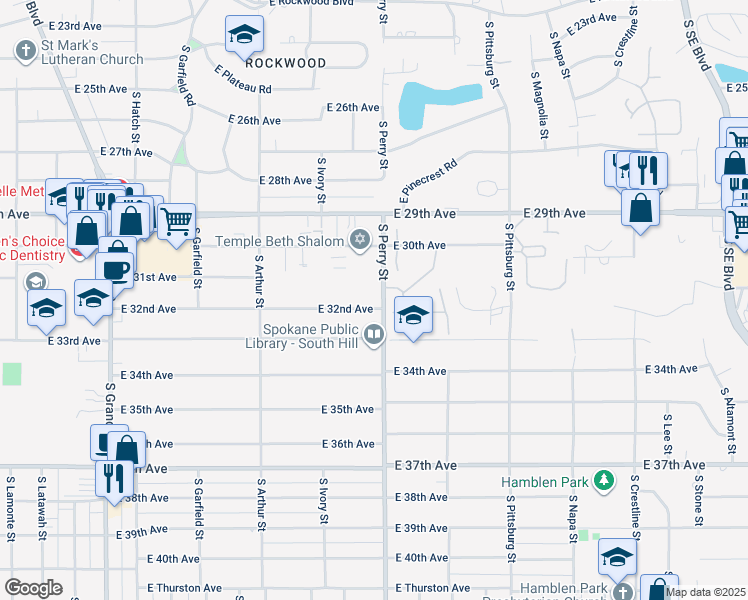 map of restaurants, bars, coffee shops, grocery stores, and more near 1406 East Cambridge Lane in Spokane