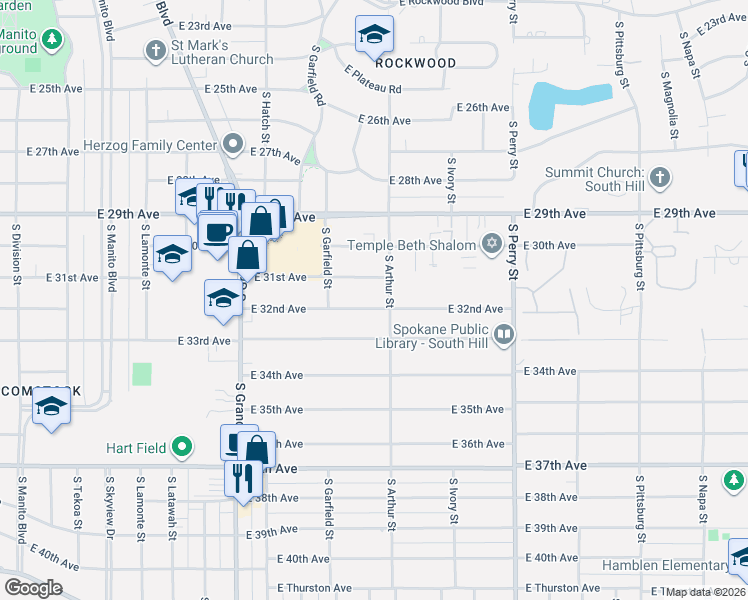 map of restaurants, bars, coffee shops, grocery stores, and more near 948 East 32nd Avenue in Spokane