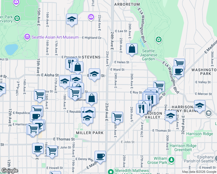 map of restaurants, bars, coffee shops, grocery stores, and more near in Seattle