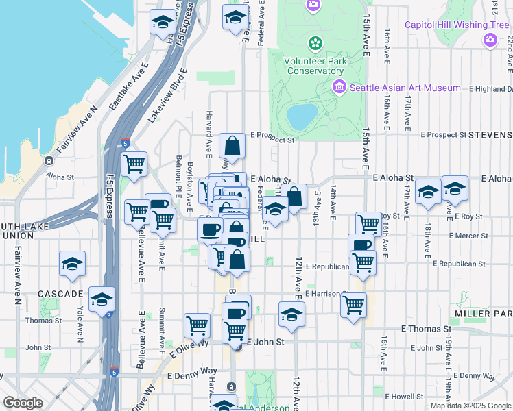 map of restaurants, bars, coffee shops, grocery stores, and more near 623 Federal Avenue East in Seattle