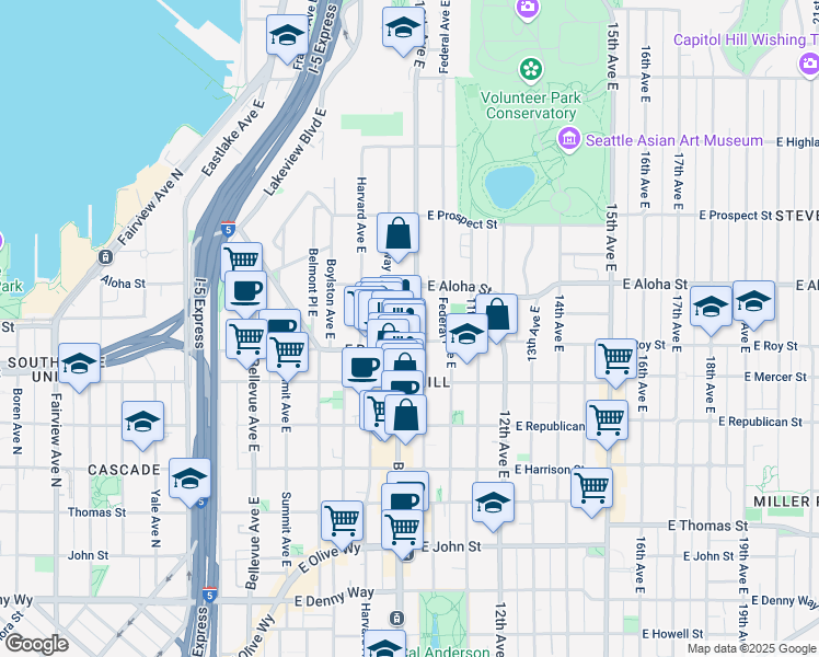 map of restaurants, bars, coffee shops, grocery stores, and more near in Seattle