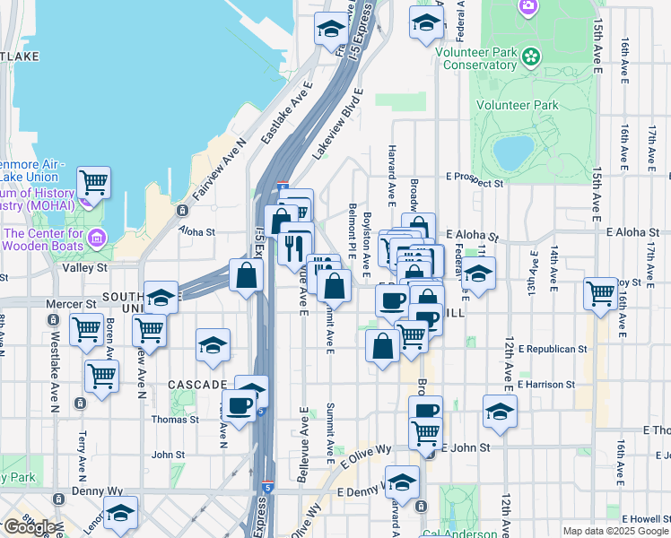 map of restaurants, bars, coffee shops, grocery stores, and more near 511 East Roy Street in Seattle