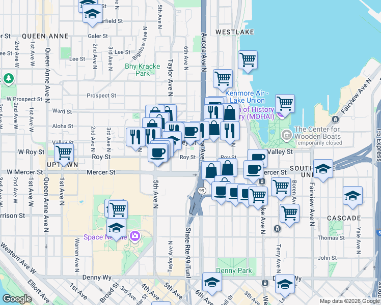 map of restaurants, bars, coffee shops, grocery stores, and more near in Seattle