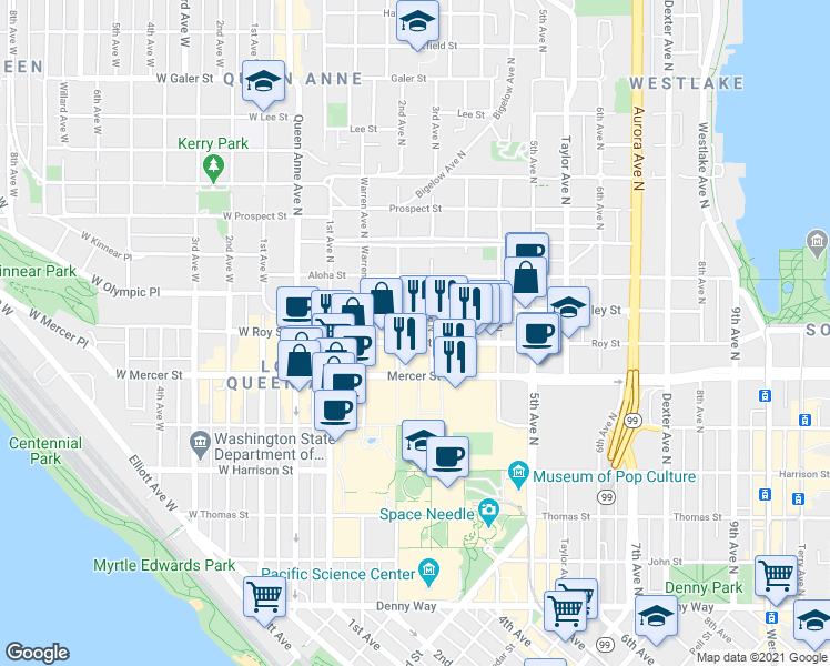 map of restaurants, bars, coffee shops, grocery stores, and more near 222 Mercer Street in Seattle