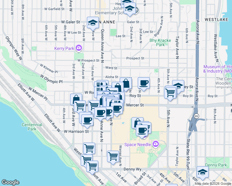 map of restaurants, bars, coffee shops, grocery stores, and more near in Seattle