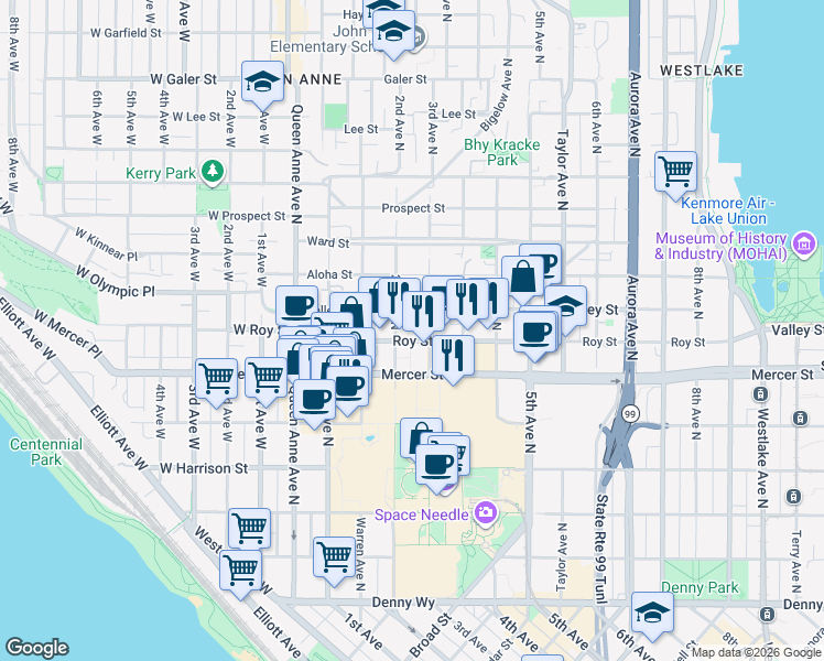map of restaurants, bars, coffee shops, grocery stores, and more near 222 Mercer Street in Seattle