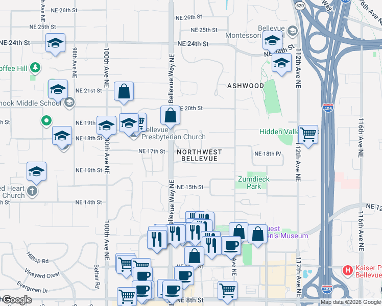 map of restaurants, bars, coffee shops, grocery stores, and more near 1716 Bellevue Way Northeast in Bellevue
