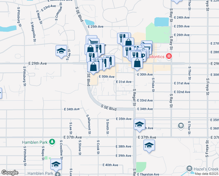 map of restaurants, bars, coffee shops, grocery stores, and more near 3106 South Mount Vernon Street in Spokane