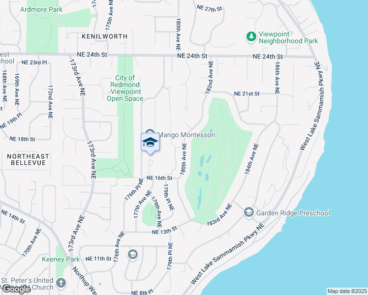 map of restaurants, bars, coffee shops, grocery stores, and more near 180th Avenue Northeast & Northeast 18th Street in Bellevue
