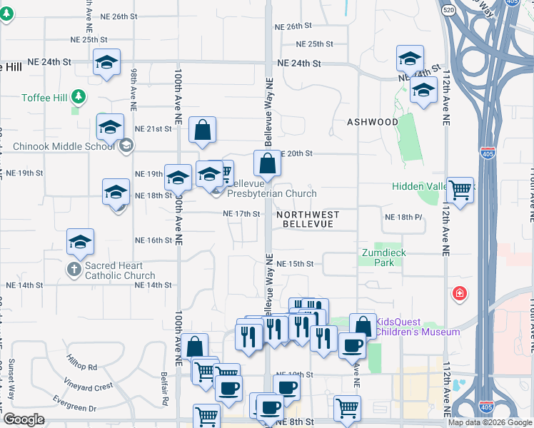 map of restaurants, bars, coffee shops, grocery stores, and more near Bellevue Way Northeast in Bellevue