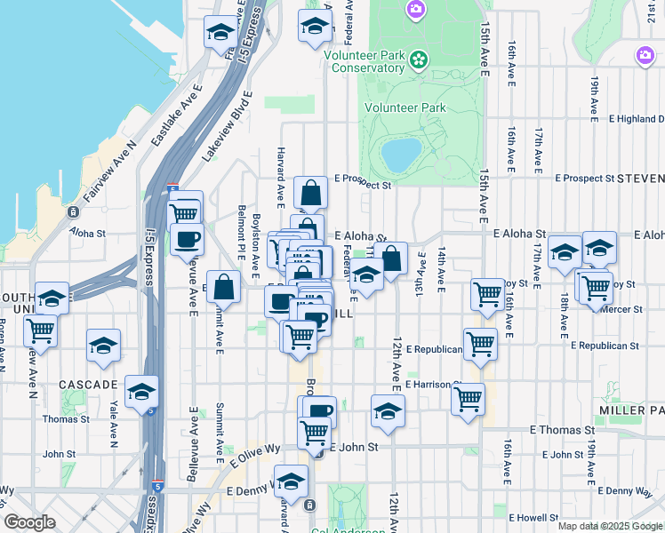 map of restaurants, bars, coffee shops, grocery stores, and more near 739 10th Avenue East in Seattle