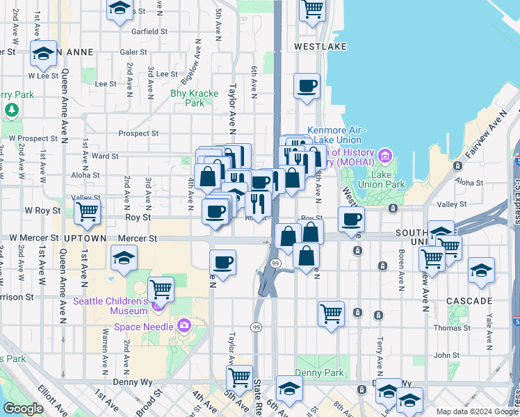 map of restaurants, bars, coffee shops, grocery stores, and more near 810 6th Avenue North in Seattle