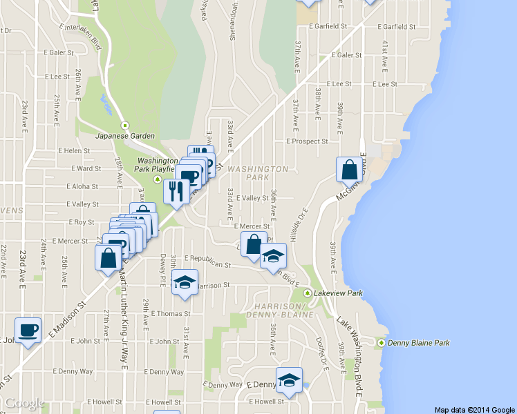map of restaurants, bars, coffee shops, grocery stores, and more near 624 34th Avenue East in Seattle