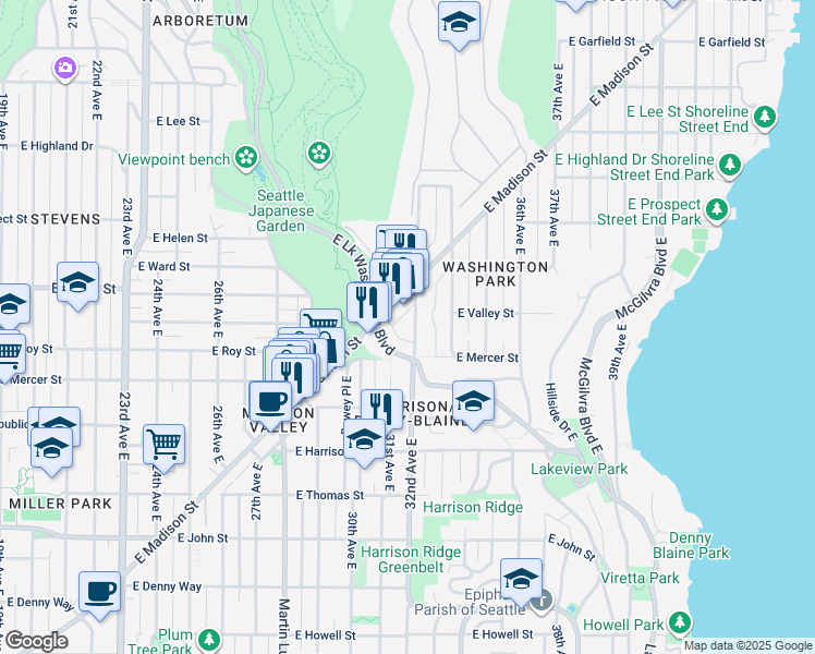 map of restaurants, bars, coffee shops, grocery stores, and more near 625 32nd Avenue East in Seattle