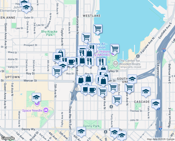 map of restaurants, bars, coffee shops, grocery stores, and more near 700 Dexter Avenue North in Seattle