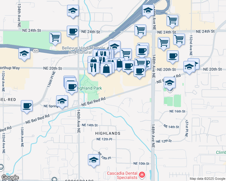map of restaurants, bars, coffee shops, grocery stores, and more near 14230 Bel-Red Road in Bellevue
