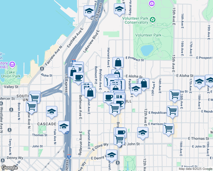 map of restaurants, bars, coffee shops, grocery stores, and more near 725 Harvard Avenue East in Seattle