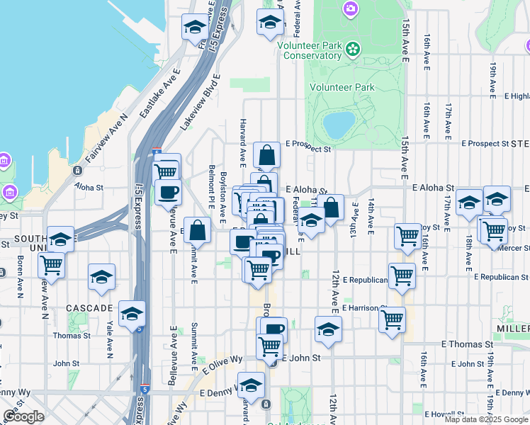 map of restaurants, bars, coffee shops, grocery stores, and more near 728 Broadway East in Seattle