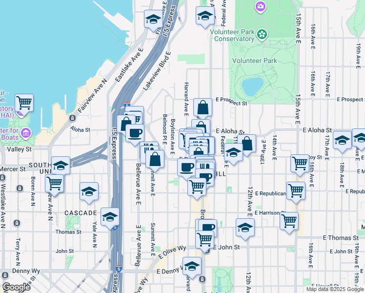 map of restaurants, bars, coffee shops, grocery stores, and more near 725 Harvard Avenue East in Seattle